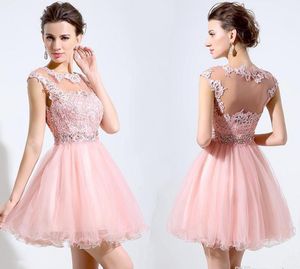 Classic Pink Short Homecoming Dresses Lace Appliques Beaded Waist Sleeveless Illusion Back Tiers Tulle Form Occasion Cocktail Dresses