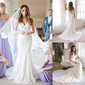 Charming Sweetheart Full Lace Mermaid Wedding Dresses Sheer Spaghetti Straps Backless Sweep Train Plus Size Wedding Dress Bridal Gowns