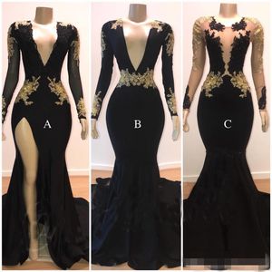 Black Deep V Modest Neck Mermaid Prom Dresses Long Illusion Sleeves High Split Gold Applique Sweep Train Plunging Formal Evening Wear