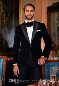 En knapp svart sammet brudgum tuxedos topp lapel man prom blazer mens arbete kostym bröllop affärskvoter (jacka + byxor + slips) h: 971