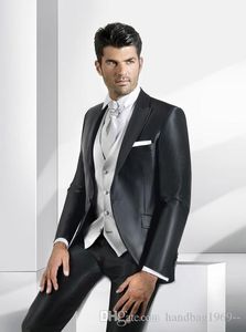 Latest Design Shiny Black Groom Tuxedos Peak Lapel Groomsmen Mens Wedding Dresses Blazer Suits (Jacket+Pants+Vest+Tie) D:251