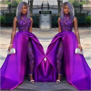 2020 Kant geappliceerd kraal avondjurken luxe Afrikaanse party vrouwen broek pakken klassieke jumpsuits prom dresses met afneembare trein hoge nek