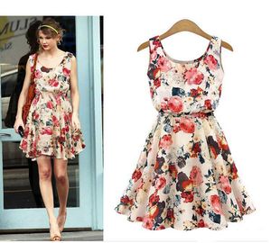 Women Summer Dress Boho New Apricot Sleeveless O-Neck Florals Print Pleated Party Clubwear Formal Dress