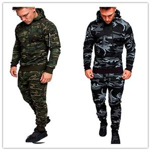 Mens Camouflage TrackSuit Stitching Jackor Sportkläder Hoodies + Byxor 2 Stycken Joggi Running