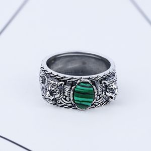 S925 silver tiger head ring retro sterling silver inlaid malachite double tiger head ring men and women trend hip hop turquoise ring