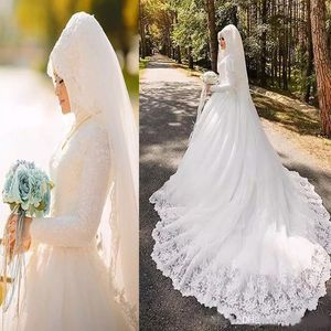 Luksusowe Arabskie Muzułmańskie Suknie Ślubne Wysokiej Neck Aplikacje Koronki Długie Rękaw Suknia Wedding Vestido de Noiva