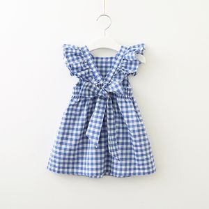 Baby Mädchen Kleid Kinder Plaid rückenfrei Rüsche Ärmel zurück Schleife Kreuz Baumwolle Kleider 2019 neue Sommer Mode Kinder Boutique Kleidung 2 Farben