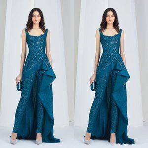 Ny Tony Ward Jumpsuits Arabiska kvällsklänningar Scoop Neck Pantsuit Plus Size Sequined Prom Gowns Full Lace Pärlor Formell Party Dress