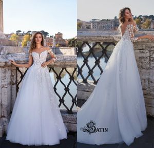 2020 Boho casamento Vestidos Off-ombro Sheer manga comprida Lace Appliqued nupcial vestido sem costas Trem da varredura Custom Made Praia Robes De Mariée