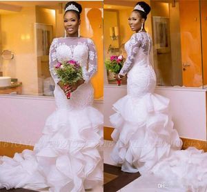 African White Mermaid Wedding Dresses Jewel Illusion Long Sleeve Appliqued Sheer Neck Cascading Ruffle Long Bridal Gowns Vestidos De Soiree