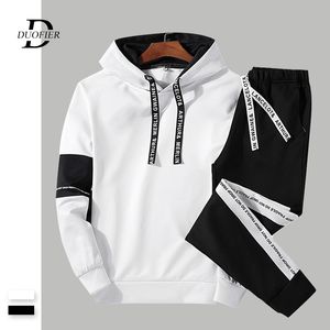 Homens conjunto casual com capuz patchwork sólido 2019 outono novos homens sportswear hoodies + calças 2 pcs conjuntos hip hop street solto tracksuits