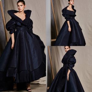 Ashi Studio Navy Blue Prom 공식 드레스 2020 패션 쇼 높은 낮은 러프 푹신한 소매 아랍어 두바이 레드 카펫 이브닝 가운