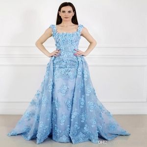 Square Neck Luxury Prom Party Dresses With Detachable Train Full 3D Floral Applique Beads Evening Gowns Swep Train Plus Size Formal DH4156