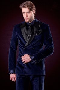 Double-Breasted Navy Blue Velvet Groom Tuxedos Peak Lapel Men Suits 2 pieces Wedding/Prom/Dinner Blazer (Jacket+Pants+Tie) W686