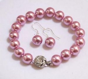 FREE SHIPPING+ + 10mm Purple Shell Pearl jewelry Beads Earrings Bracelet Set 7.5''