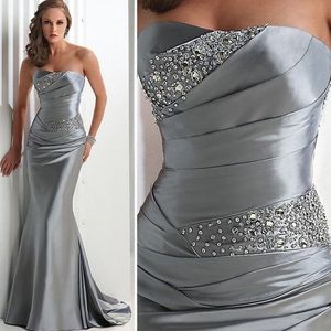 Bright Gray Strapless Evening Dresses Sequins Satin Slim Fit Mermaid Prom Dresses Sweep Train Women Fashion Clothes