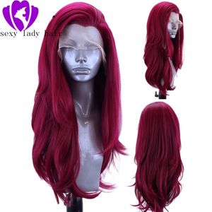 parte peruca Livre brasileira 13x4 ondulação natural Borgonha peruca dianteira do laço vinho tinto sem cola sintética Lace Wigs da Mulher Negra Pré-arrancada