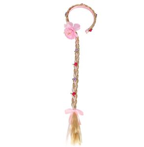 Golden Braid Flower Headband for Girls Costume - Pink Ribbon Angel Wig with Accessories for Halloween, Cosplay, Parties