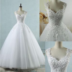 New Ball Gowns Spaghetti Straps White Ivory Tulle Wedding Dresses with Pearls Bridal Dress Marriage Customer Made Size