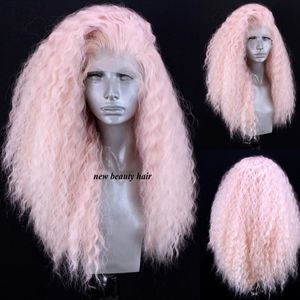 Afro kinky Curly Wig 13x4 Lace Frontal syntetisk peruk för svarta kvinnor Bob peruk rosa färg spets fram peruker