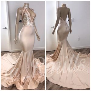 Glitter Deep V neck Sequined Prom Dresses Sexy Mermaid Backless Long Evening Gowns Nude Sheer Party Dress