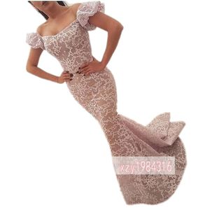 Off Shoulder Scoop Evening Dresses Poet Short Sleeves Lace Appliques Mermaid Prom Dresses Sweep Train Elegant Cocktail Party Gowns