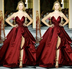 Zuhairmurad Dostosowana czerwona suknia balowa suknia wieczorowa bez ramiączek bez rękawów sukienka formalna satyna Split Aplikacja Party Druhna Suknia