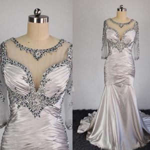 Stunning Mother of the Bride Dress Sheer Neck Beads Sequins Crystals Illusion Sleeves Ruched Pleated Formal Dress with Attached Train