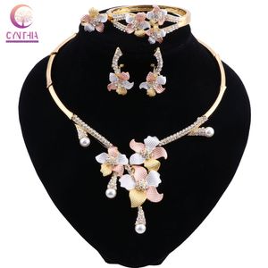 High Quality Italian Women Fashion Bride Wedding Gold Color Jewelry Necklace Bracelet Ring Earrings Crystal Jewelry Sets