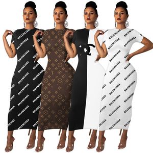 2024 Designer Summerklänningar Kvinnor Kort ärm Black White Paneled One Piece Dress Casual Bodycon Maxi Dresses Night Club Party Wear Spring Clotle 2780-2