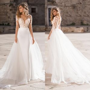 V Neck Lace A Line Wedding Dresses 2020 Sheer Long Sleeves Tulle Applique Sweep Train Backless Summer Beach Wedding Gowns For Garden