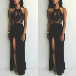 New Long Halter Neck Cheap Formal Party Gowns Floor Length Custom Special Occasion Prom Dress Sexy Black Split Lace Evening Dresses