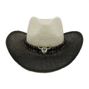 Black Paint Spraying Large Brim Cowboy Hats Summer Men Women Paper Sun Protection Hat Panama Beach Straw Cap Holiday Sunhat