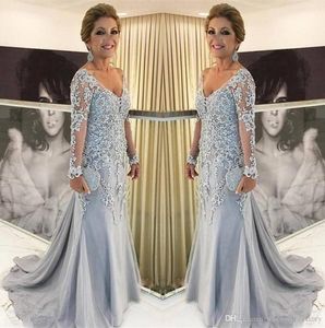 Elegant Lace Mother Of The Bride Dresses V Neck Long Sleeves Tulle Appliques Plus Size Floor Length Formal Evening Mother Evening Gowns