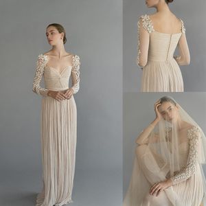 Newest A Line Chana Marelus Wedding Dresses Long Sleeve Tulle Lace Hand Made Flower Ruched Wedding Gowns Floor Length robe de mariée