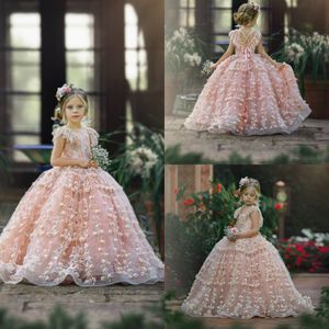 Pembe Çiçekli Tül Elbise Kızları toptan satış-Sevimli Pembe Çiçek Kız Elbise Düğün Dantel D Çiçek Aplike Doğum Günü Giyim İlk Communion Elbise Tül Lüks Kızlar Pageant Abiye