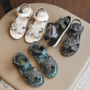 Новые моды горный хрусталь дети девушки сандалии 3 цвета летние сандалии дышащие противоскользящие кожаные детские туфли мода обувь