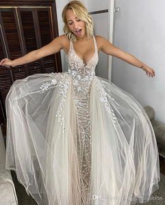 2020 Sexy Country Berta Appliqued V-Neck Backless Vestidos de casamento com trem destacável vestido de noiva sem costas vestidos de noiva vestid280n