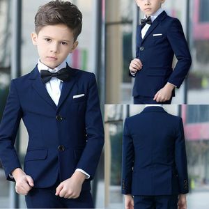 Handsome Navy Blue Boys Tuxedos Slim Fits Children Business Suit Kid Birthday Prom Party Sets (Jacket+Pants+Bow Tie+ Handkerchief) D70