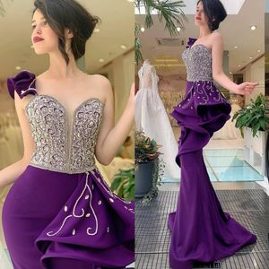 Purple Beaded Dubai Mermaid Evening Dresses Plunging Neck Peplum Arabic Prom Gowns Plus Size Floor Length Satin Formal Dress 415