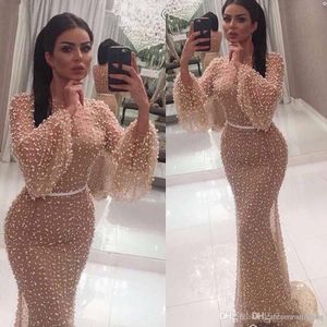 Szampański Syrenka Prom Dresses Perły Zroszony Arabski Dubaj Długie Rękaw Klejnot Neck Formalna Party Celebrity Suknie Wieczorowe Dostosowane