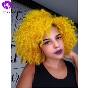 Cosplay Party Style Krótkie Kręcone 13 * 4 Syntetyczne Koronki Przód Peruki Beżowy Żółty Kolor Brazylijski Pełne Peruki dla Afryki American Women