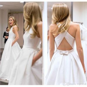 Elegant White A Line Wedding Dresses with Pockets Criss Cross Back Satin 2019 Custom Made Bridal Gowns Custom Made Vestidos De Novia