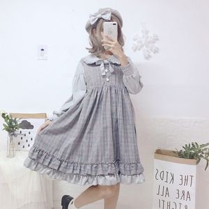 Wholesale-Spring Mori Girlスウィートチェック柄ドレス女性偽ツリーピース弓ステッチ格子ソフトメス長袖ルースロリータドレスK072