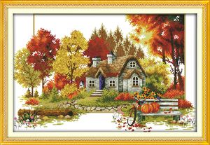 الخريف مشهد ديكور المنزل اللوحة ، اليدوية التطريز عبر الابره التطريز مجموعات عد طباعة على قماش DMC 14CT / 11CT