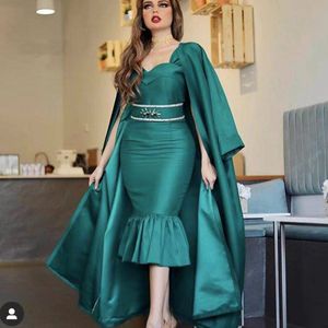 Elegant Hunter Green Caftan Evening Dress Dubai Mermaid Short Prom Dresses With Caped Plus Size robe de soiree 2020 vestidos