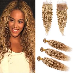 Honey Blonde Peruvian Curly Human Hair Weave Wefts med stängning # 27 Ljusbrun Kinky Curly Virgin Hair 3bundles with Lace Closure 4x4