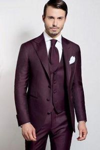 Classic Style Two Buttons Burgundy Wedding Groom Tuxedos Peak Lapel Groomsmen Men Suits Prom Blazer (Jacket+Pants+Vest+Tie) NO:1936