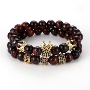 luxury 2pc/set mens bracelet designer beaded for woman crown yellow red tiger eye stone zirconia rose gold silver ball bracelets womems man charm jewelry gift 8mm