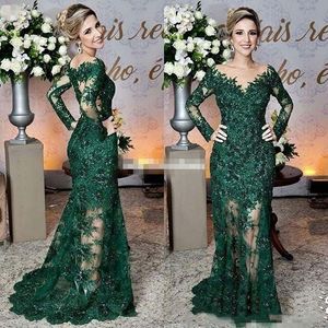 2024 Dark Green Mother of The Bride Dresses Sheer Jewel Neck Lace Appliques Long Sleeve Mermaid Formal Evening Prom Gowns